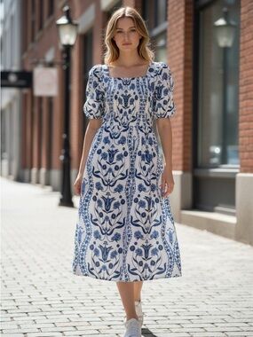 Beyond by Vera Blue & White Floral Midi Dress | Puff Sleeve | Size XL